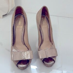 Fendi size 8 ,38  Peep Toe Heel Wedge, gold shimmer  leather